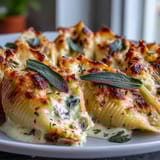 Freshly baked Pumpkin & Gouda Stuffed Shells served hot, garnished with sage and ready for a cozy dinner.