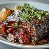 Savory beef pot roast served over buttery egg noodles, garnished with fresh parsley on a cozy dinner table.