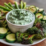 A vibrant green snack board with cucumber, snap peas, and creamy avocado ranch dip for dipping.