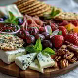 Spring charcuterie board with edible flowers and fruits arranged in vibrant clusters for a fresh seasonal spread.