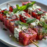 Refreshing watermelon feta mint skewers with balsamic glaze, an easy no-cook appetizer for warm days.  