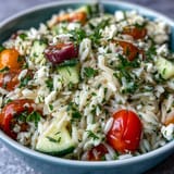 Lemon-kissed orzo salad featuring crumbled feta and crisp vegetables, perfect for lunch.