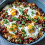 Hearty Father's Day breakfast skillet featuring cheesy hash browns and colorful veggies.