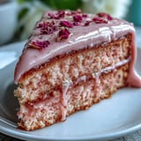 A delightful pink rosé velvet cake, softly frosted and elegantly drizzled with gold.