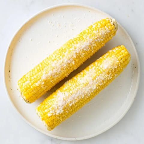 Freshly boiled corn on the cob glistening with melted butter and sea salt on a rustic wooden platter.