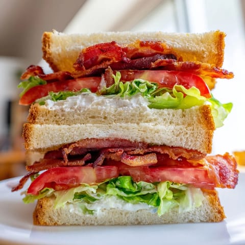 Golden-brown bread encases a classic BLT Sandwich, showcasing crunchy bacon and crisp lettuce on a wooden board.
