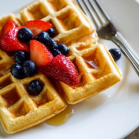 Golden brown waffles steam on a plate, topped with fresh berries and drizzled with warm maple syrup for a classic American breakfast.