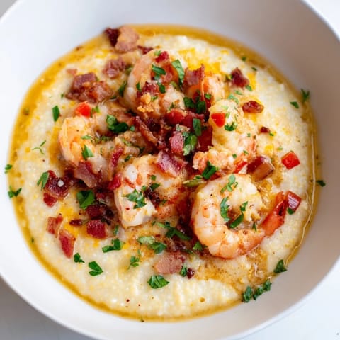 Creamy cheddar grits are topped with Cajun-seasoned shrimp, bacon, peppers, and a savory pan sauce, garnished with fresh parsley for a classic Southern Shrimp and Grits.