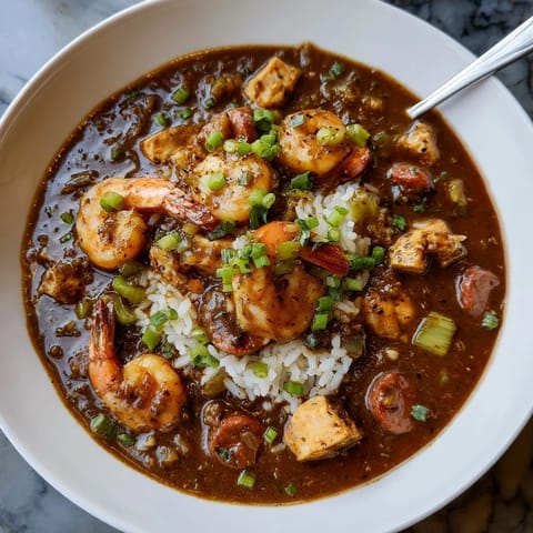 A ladle of rich Gumbo stew with andouille sausage and shrimp served over fluffy white rice.