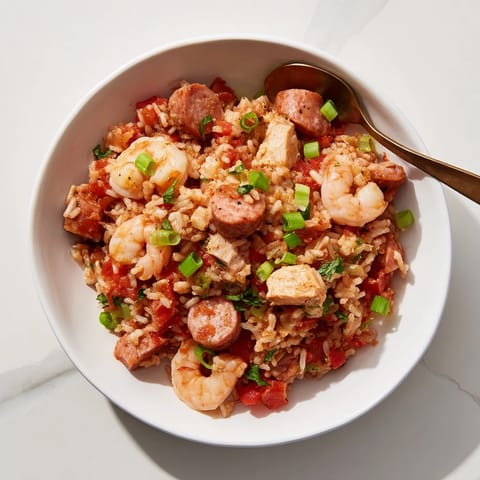 A hearty pot of Creole jambalaya with shrimp, chicken, and sausage, garnished with fresh parsley and green onions.