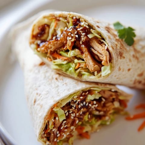 Close-up of a Teriyaki Chicken Wrap sliced to reveal tender chicken strips and crisp vegetables inside.  