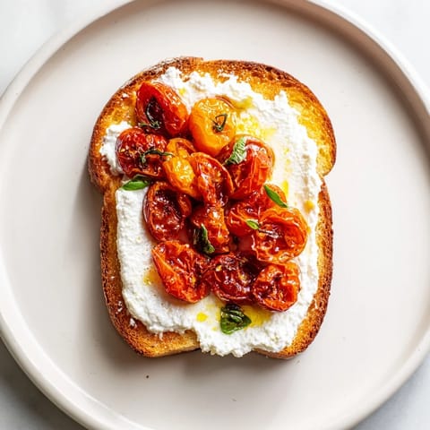 Warm Tomato Ricotta Toast on a wooden platter, featuring olive oil drizzle, flaky sea salt, and vibrant roasted cherry tomatoes over whipped ricotta spread.