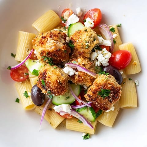 Savory Crispy Chicken Greek Pasta features al dente penne, zesty red wine vinaigrette, and tender chicken with a crunchy, golden crust.