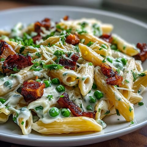 Creamy Spring Pea & Ham Pasta with tender penne and savory diced ham, served in a skillet.