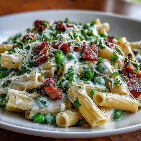 A comforting bowl of Spring Pea & Ham Pasta, featuring sweet peas and a rich, cheesy sauce.
