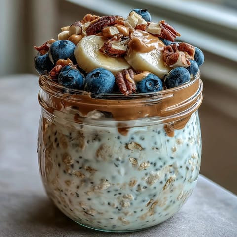 Creamy overnight oats with chia seeds, topped with fresh berries and nuts.
