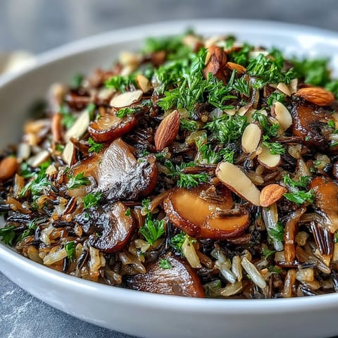 Delicious wild rice and mushroom pilaf, showcasing tender grains and savory sautéed vegetables.