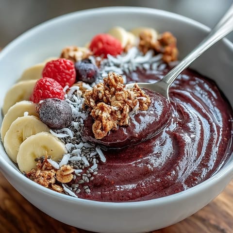 Vibrant Acai Berry Smoothie Bowl bursting with fresh fruit and crunchy granola.