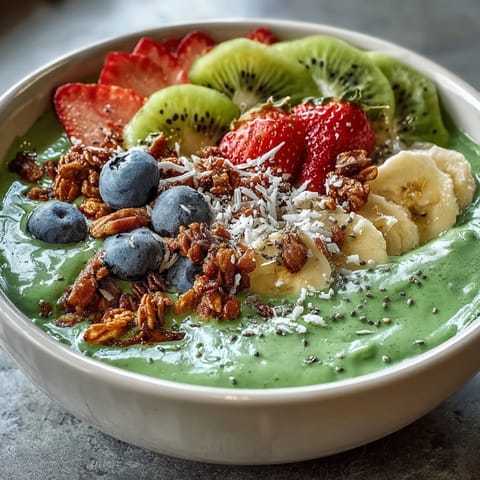 Vibrant green smoothie bowl loaded with fresh fruit and crunchy granola toppings.