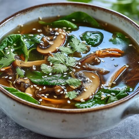 Steaming bowl of Miso Ginger Winter Soup with sliced carrots, shiitake mushrooms, and vibrant green spinach.  
