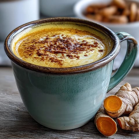 Golden-hued Turmeric and Ginger Golden Milk steaming in a clear glass mug, topped with a cinnamon stick and a sprinkle of spice.