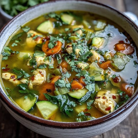 Bright yellow turmeric chicken soup steaming in a white bowl, garnished with fresh cilantro and lemon wedges.