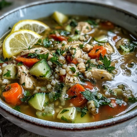 Golden bowl of Soothing Turmeric Chicken With Pearl Barley soup, garnished with parsley and lemon wedges.