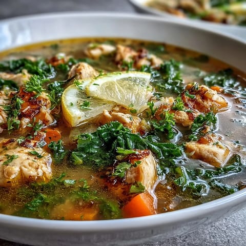 A steaming bowl of High Protein Lemon and Turmeric Chicken Soup garnished with fresh lemon wedges.