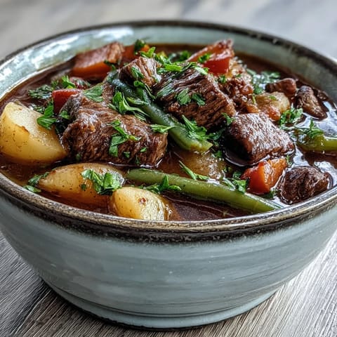 Hearty Beef and Vegetable Soup simmering in a pot, filled with tender beef cubes, carrots, and potatoes in a rich brown broth.