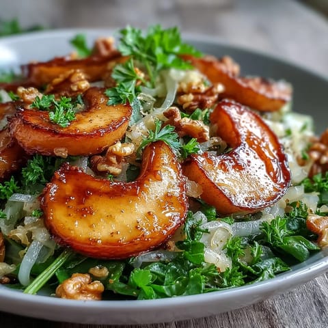 Golden Honeycrisp apples and caramelized red onions sizzling in a skillet with sauerkraut and wilted greens.