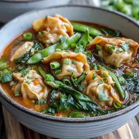 A steaming bowl of Red Curry Wonton Soup With Greens features plump wontons and fresh spinach in a vibrant orange broth.