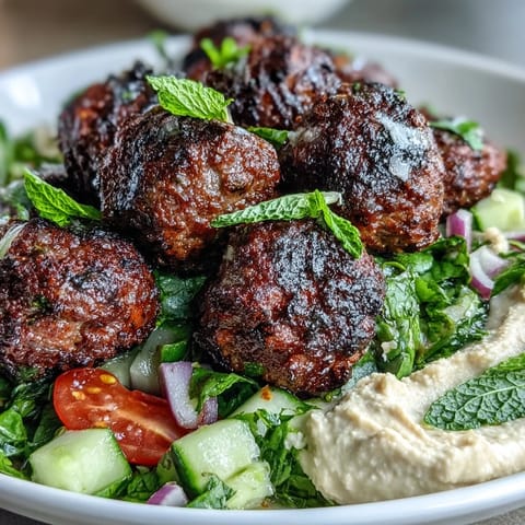 Golden-brown venison meatballs with warming spices sit beside a crisp salad and creamy hummus on a rustic plate.