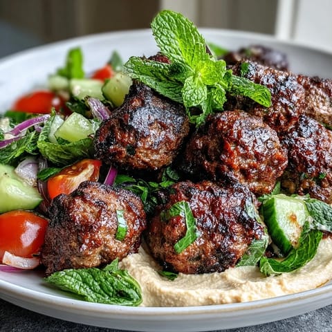 Tender venison meatballs with spiced salad and hummus are plated over a swirl of green hummus with fresh herbs.