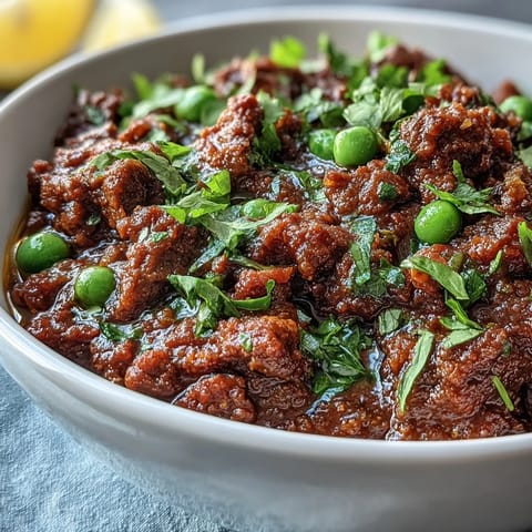 Fragrant Venison Keema Curry simmering in a skillet, featuring tender ground meat and vibrant peas in a richly spiced tomato sauce. 