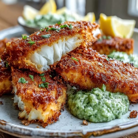 Baked haddock goujons with Parmesan crust are served hot with creamy pea pesto and fresh lemon wedges on a rustic wooden table.