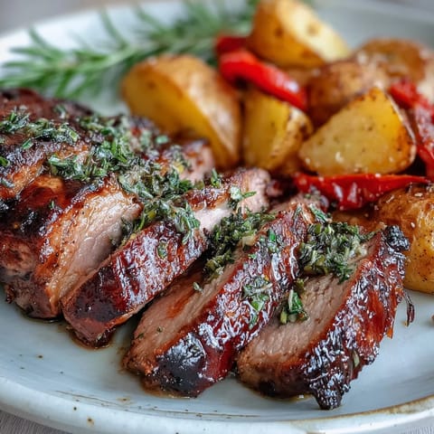 Golden-brown Marinated Ibérico Pork Fillet resting beside crispy roast potatoes and tender red peppers.