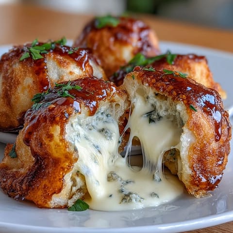 Golden-brown pan-fried Chīzu Imomochi dumplings glistening with sticky soy-honey glaze, served warm on a white plate. 