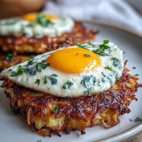 Golden brown celeriac rösti topped with a fried egg and spicy harissa yogurt sauce, served with fresh lemon wedges for a savory vegetarian brunch.