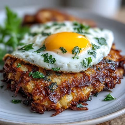 Crisp, pan-fried celeriac and potato cakes next to a dollop of vibrant red harissa yogurt and a sunny-side-up egg garnished with parsley.