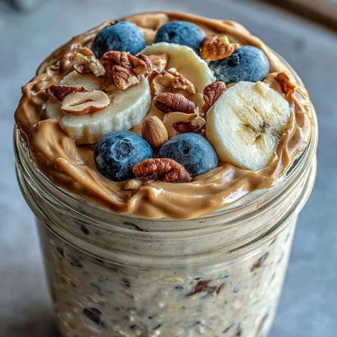 Spoonful of thick High-Protein Peanut Butter Overnight Oats topped with fresh blueberries and a drizzle of honey.