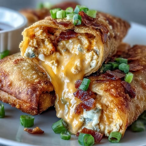 Golden, crispy Buffalo Chicken Dip Egg Rolls filled with melty cheddar and spicy chicken, served with ranch.