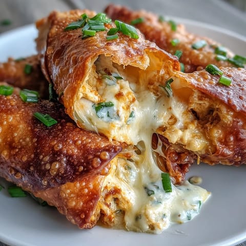 Twelve crunchy Buffalo Chicken Dip Egg Rolls garnished with green onions, resting on a platter with dipping sauces.