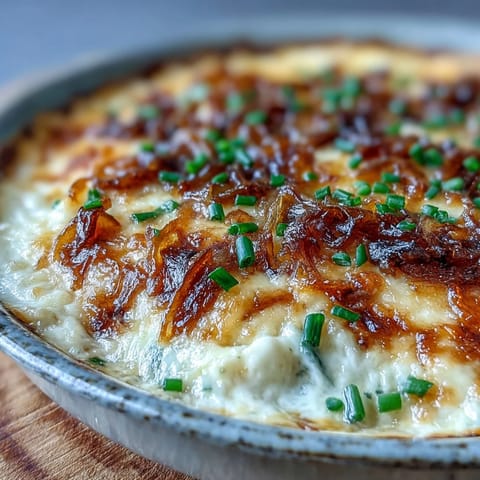 Golden-bubbly Smoked Gouda & Onion Dip bakes in a dish next to a bowl of tortilla chips and fresh veggies for dipping.