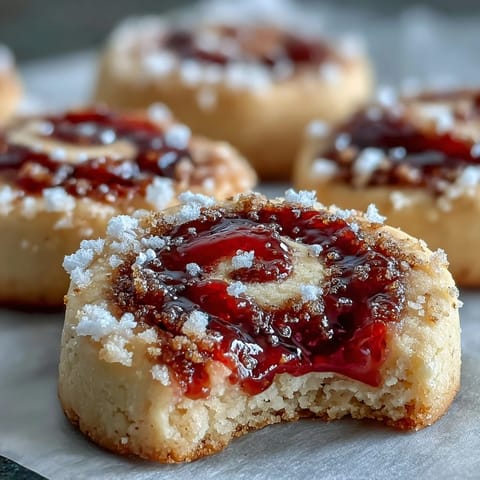 Buttery shortbread rounds topped with glistening raspberry jam, perfect for teatime or gifting.