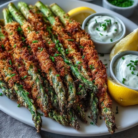 Freshly baked Crispy Asparagus Asiago Spears served on a platter with lemon wedges and a creamy dipping sauce for sharing. 
