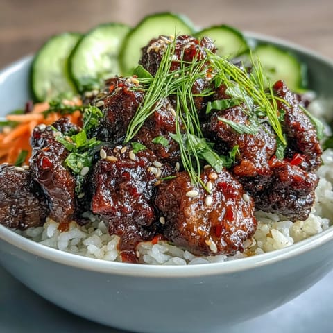 A vibrant bowl of Easy Korean Beef Bowl with savory ground beef, steamed cauliflower rice, and fresh, crunchy vegetables.
