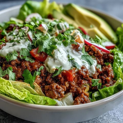 Vibrant Healthy Taco Bowl filled with seasoned ground beef, crisp romaine, diced tomatoes, and fresh cilantro.