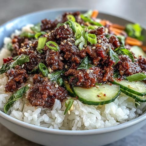 Korean Beef Bowl with pickled vegetables, steamed rice, and spicy gochujang beef, garnished with sesame seeds and fresh cucumber slices.  