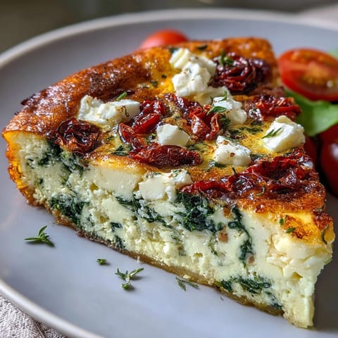 Savory baked frittata loaded with tender spinach, tangy feta, and sweet sun-dried tomatoes, perfect for brunch or dinner.  