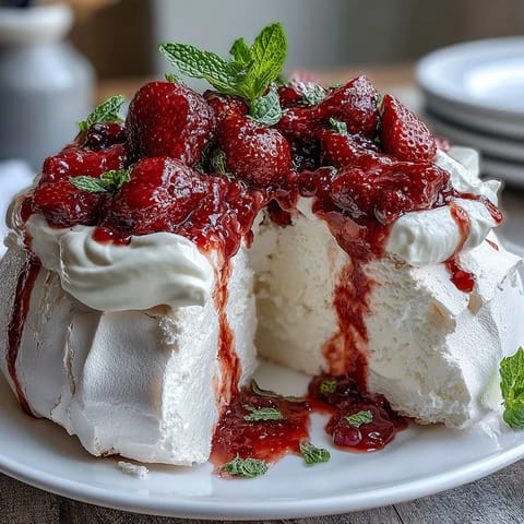 Strawberry Pavlova with Whipped Cream: A crisp meringue base topped with fluffy whipped cream and juicy fresh strawberries, creating a perfect balance of textures and flavors.
